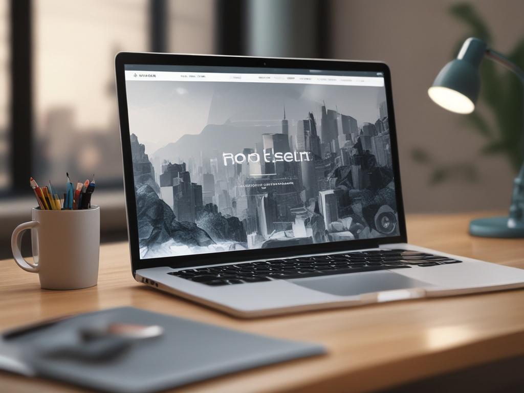 A realistic high-resolution close-up shot of a modern workspace showcasing a laptop displaying a clean, professional website design. The background should be minimalistic and bright, emphasizing the laptop and design elements like color palettes and typography samples scattered around. The image should convey a sense of creativity, professionalism, and innovation, with a focus on simplicity and clarity. Use RGB(69, 10, 186) accents in the design elements.