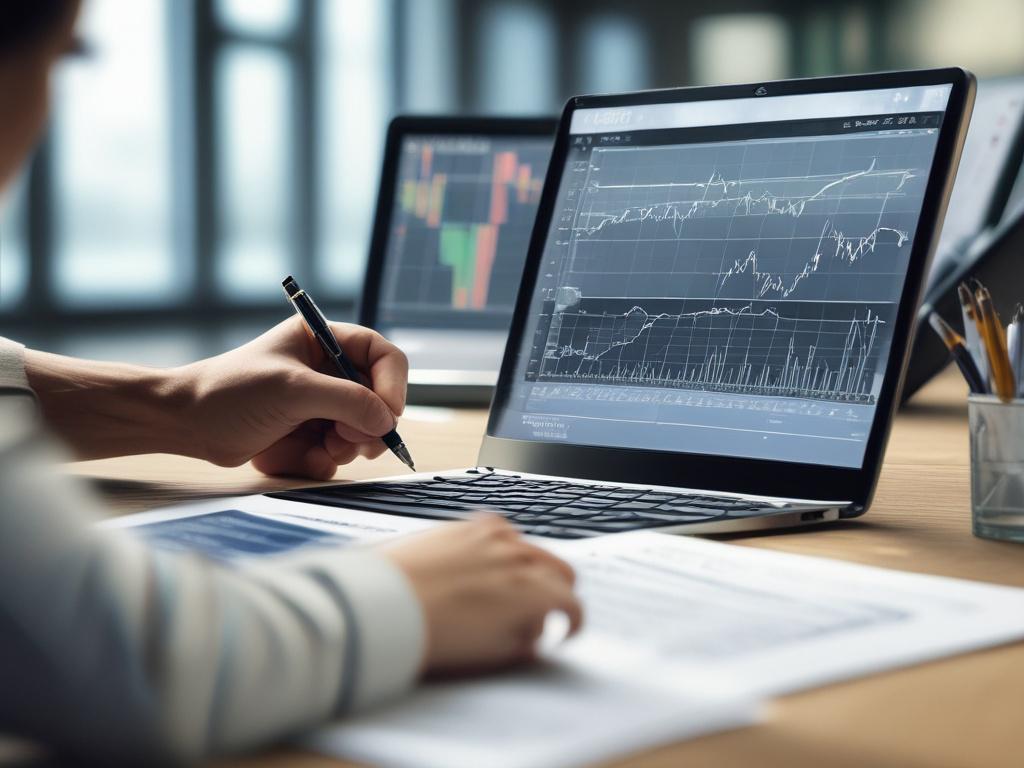 close up shot of a market analyst reviewing financial graphs