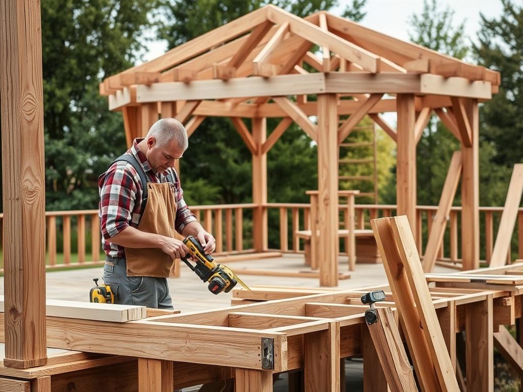 A skilled carpenter working on framing a wooden deck in