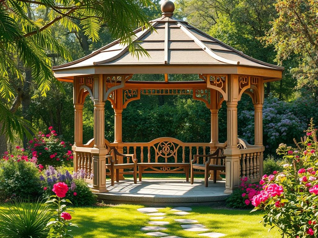 A realistic high resolution of a beautifully crafted gazebo in