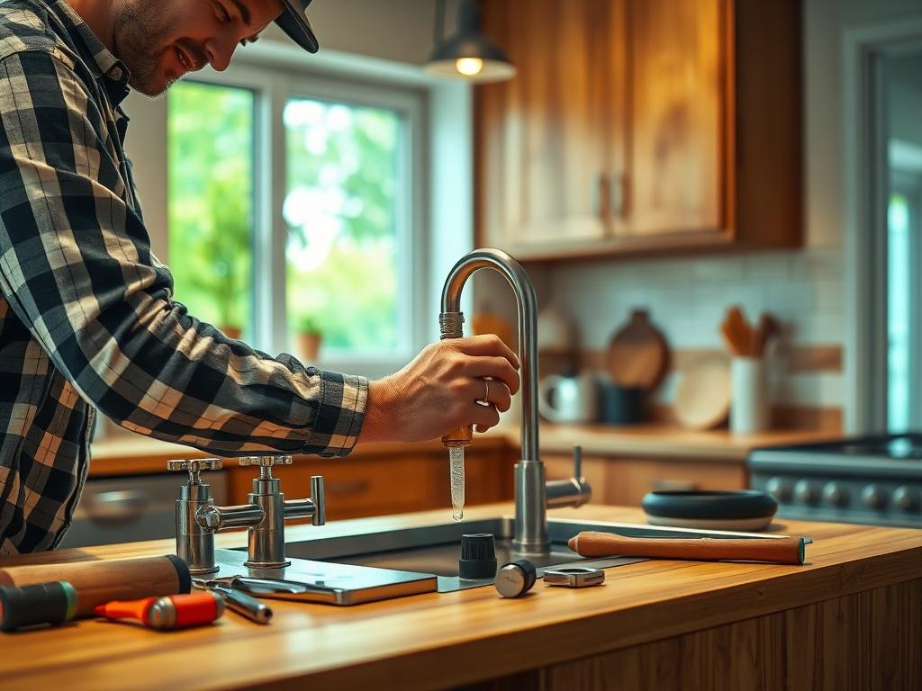 A skilled contractor repairing a leaky faucet in a modern kitchen. The focus is on the contractor's hands as they work on the faucet, with plumbing tools and parts scattered on the countertop. The kitchen features natural light coming in from a window, highlighting the rustic aesthetic of the wooden cabinets and earthy tones in the decor.