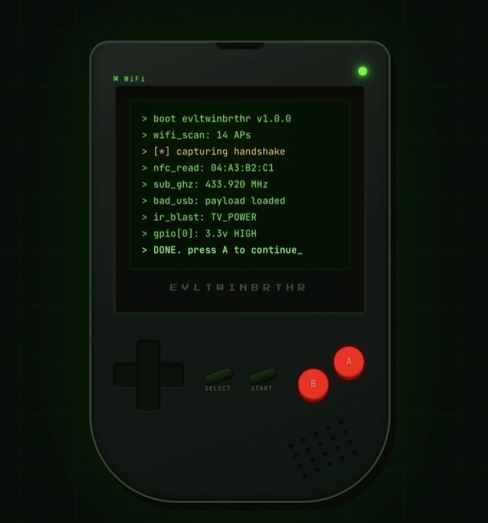 EvLTwiNBrthR handheld device with green terminal display and red controls