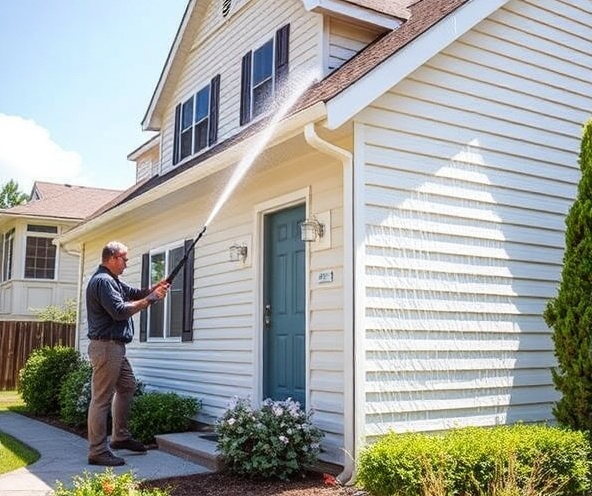 Professional house washing with pressure washer and visible results