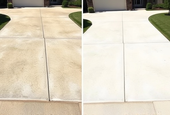 Clean concrete driveway showing before and after cleaning results