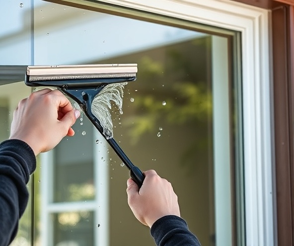 Professional window cleaning with squeegee and sparkling results
