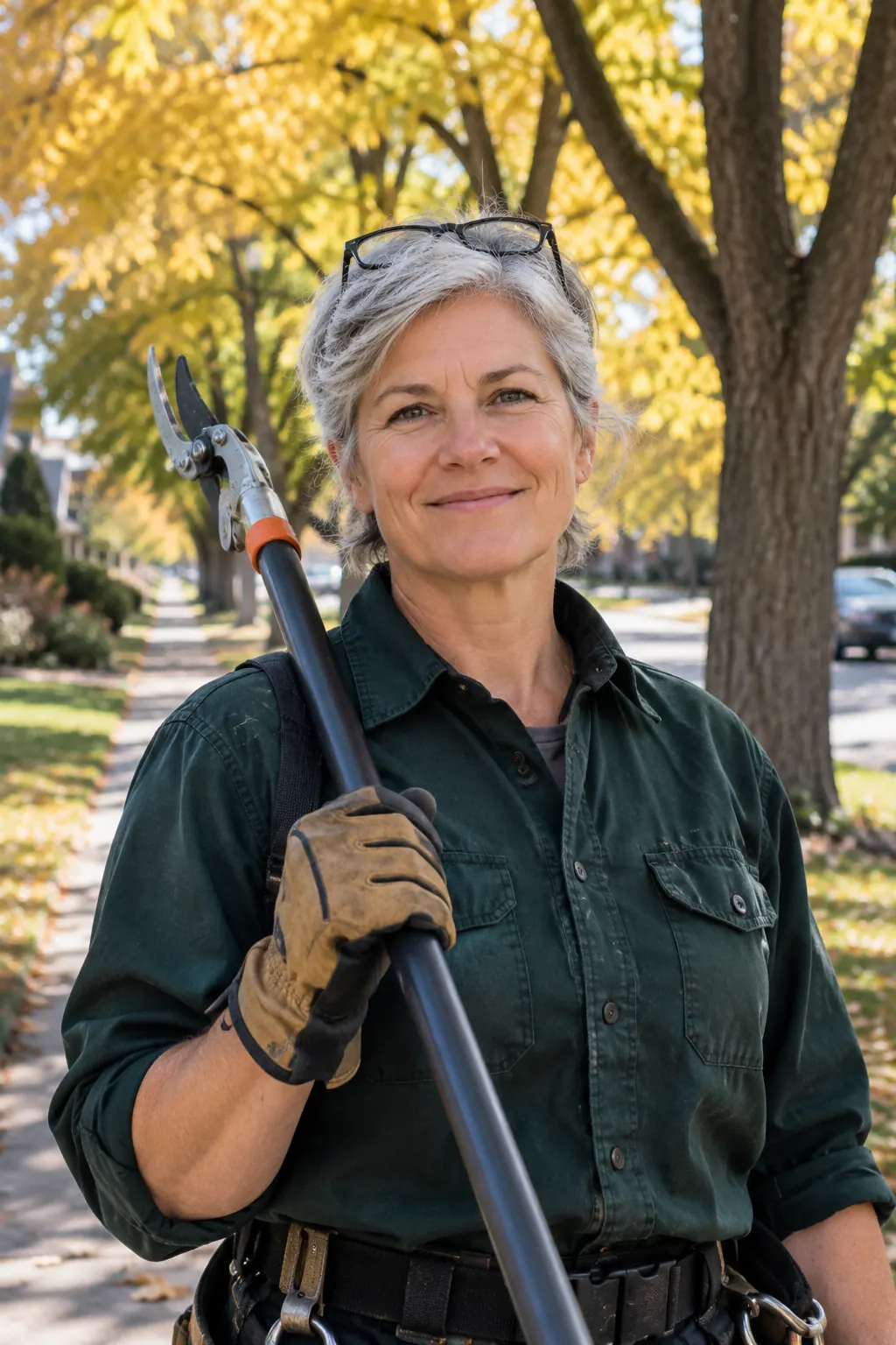 Sofia Martinez, ISA Certified Arborist, holding a pole pruner on a tree-lined street