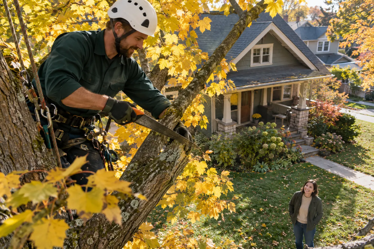 Northwood arborist pruning a maple while the homeowner watches from her lawn