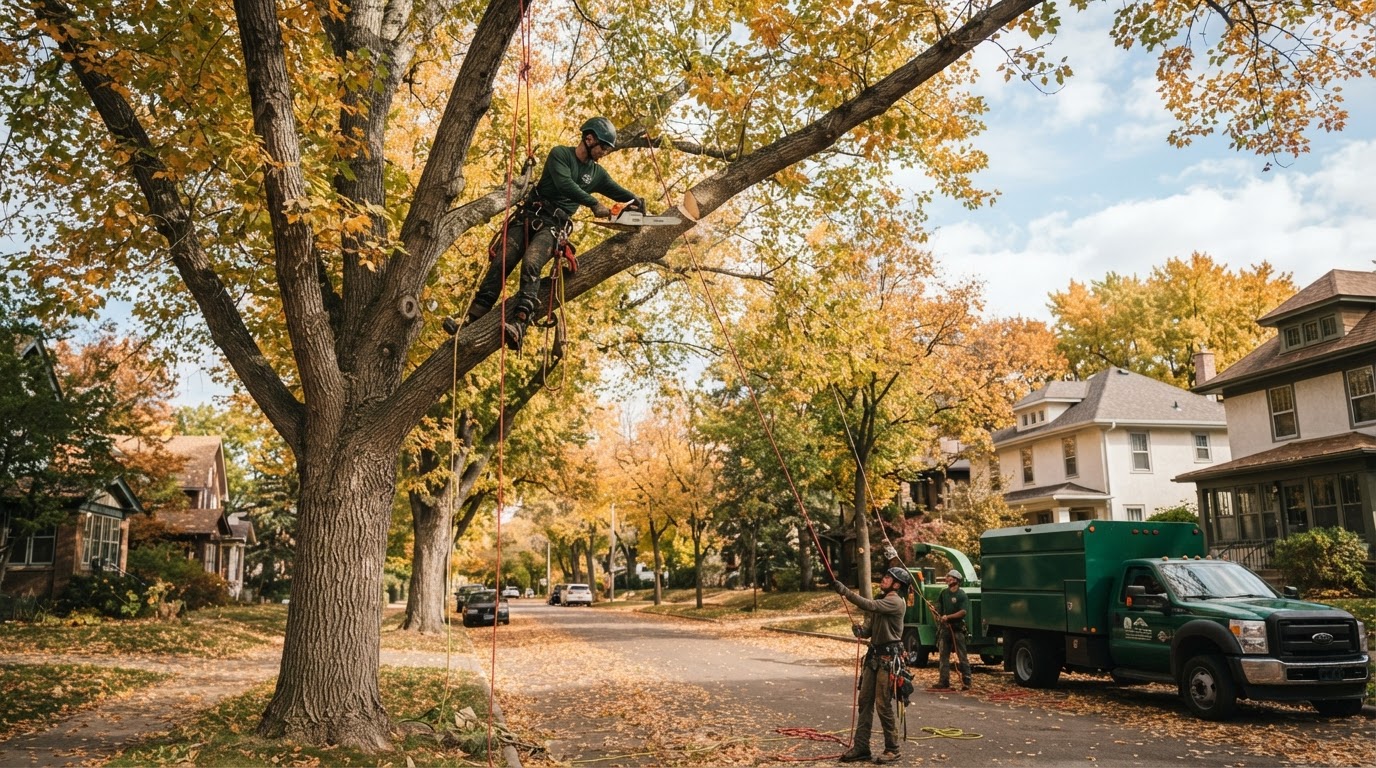 Northwood climber pruning a limb from a mature maple
