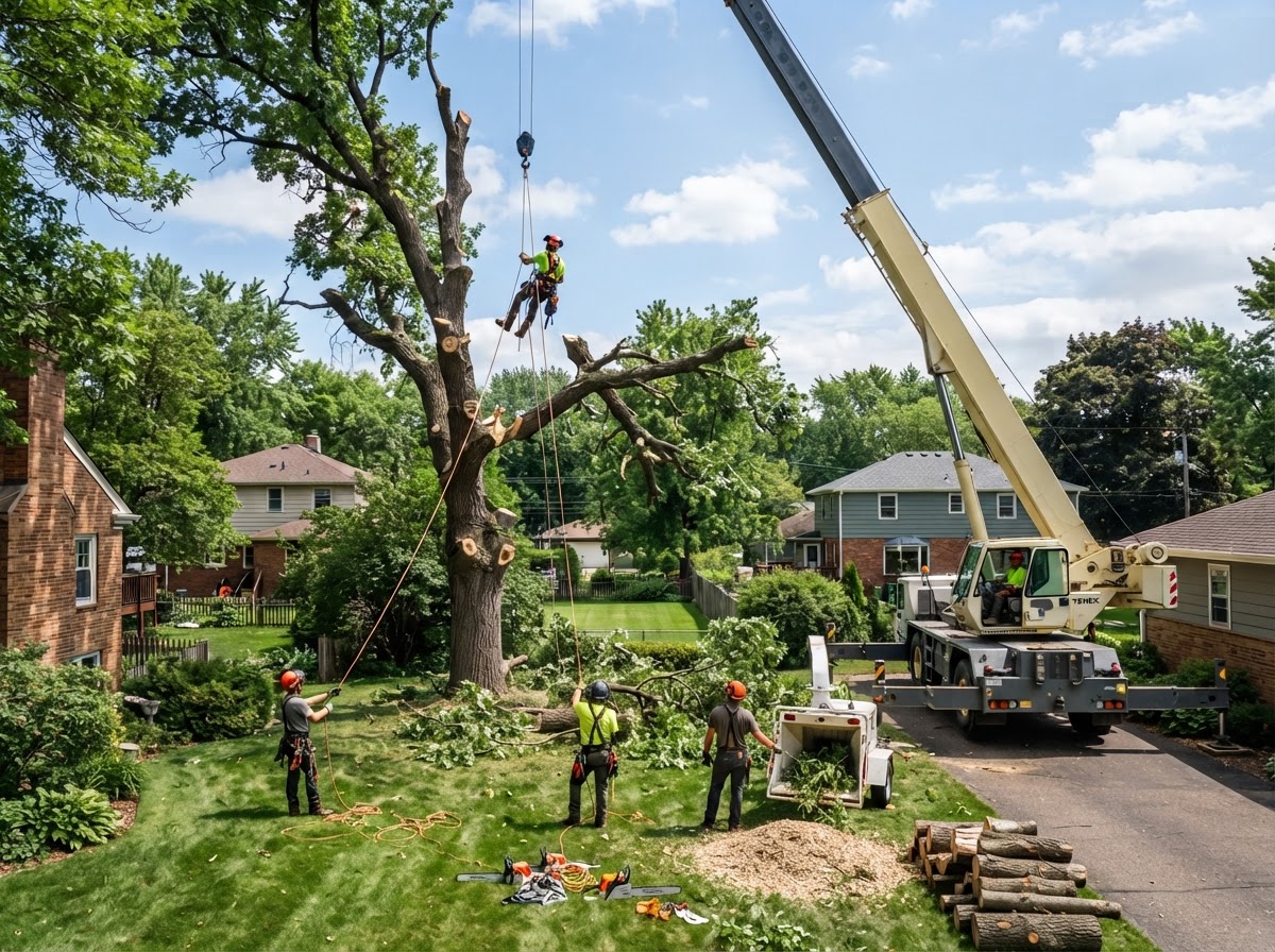 Tree crew safely dismantling a mature tree