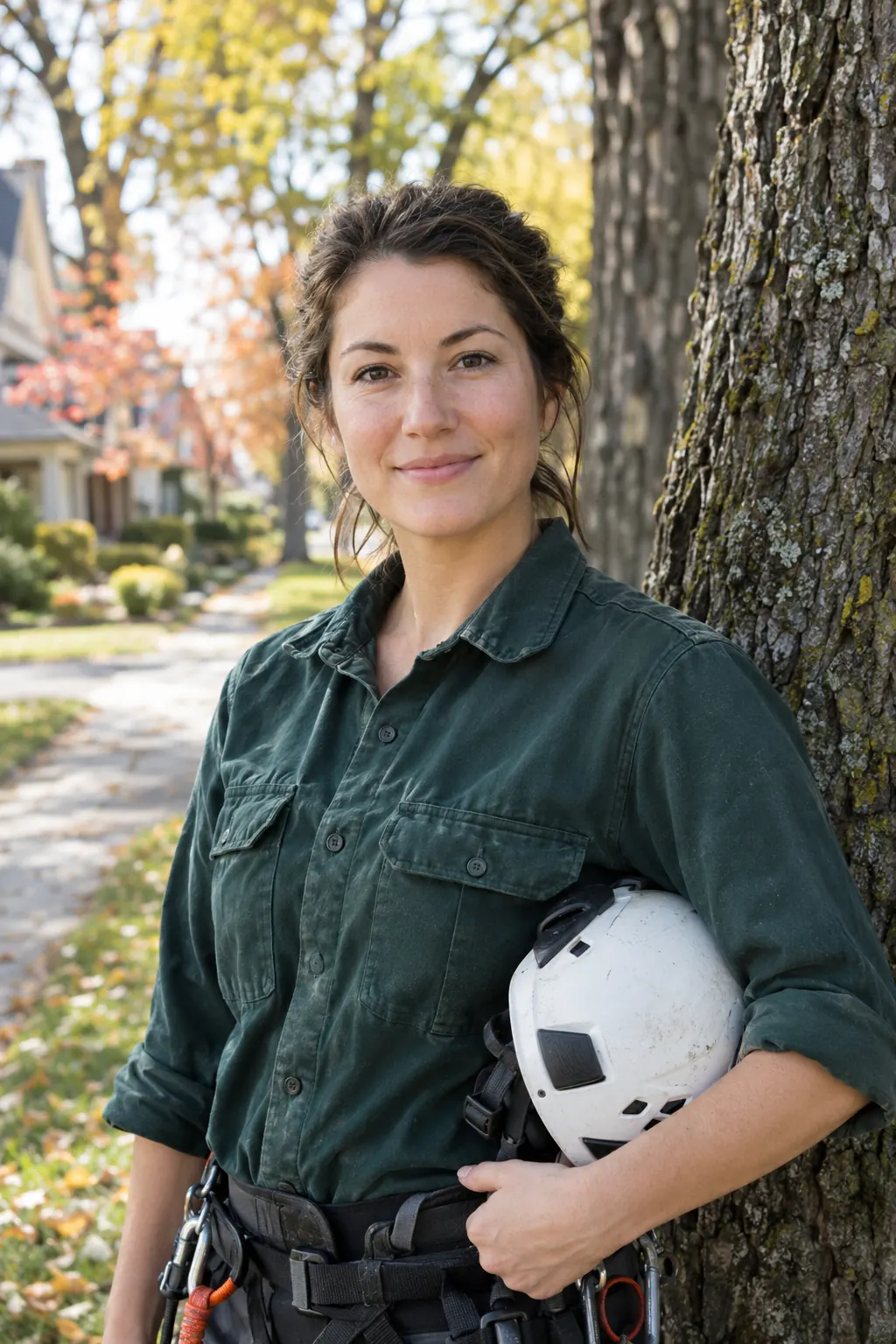 Maya Okafor, ISA Certified Arborist, beside an oak with her climbing helmet