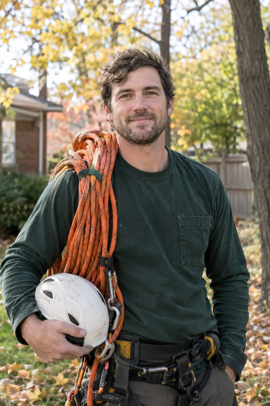 Nathan Kim, ISA Certified Arborist and climber, with rope and helmet