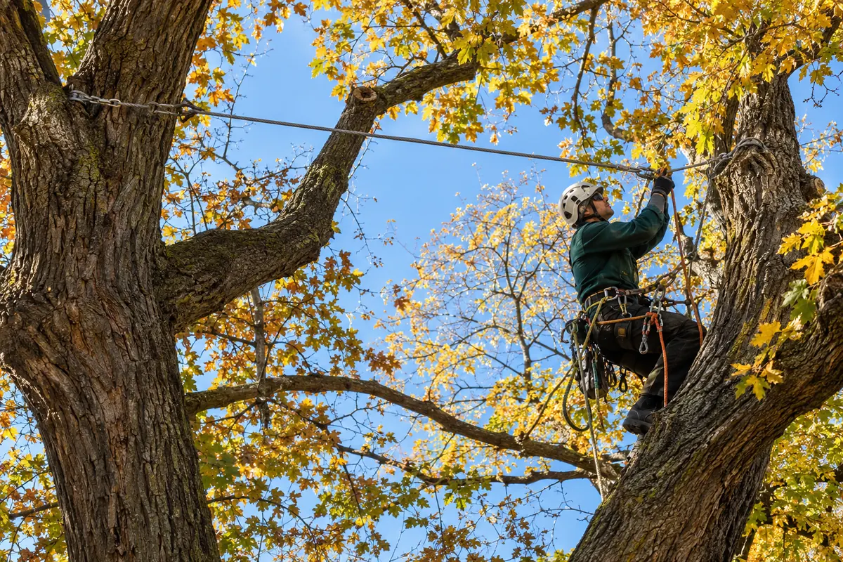 Arborist installing a support cable between two oak leaders