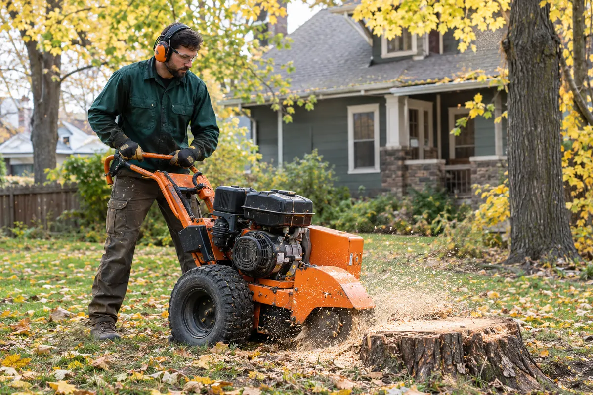 Arborist grinding a stump below grade in a leafy backyard