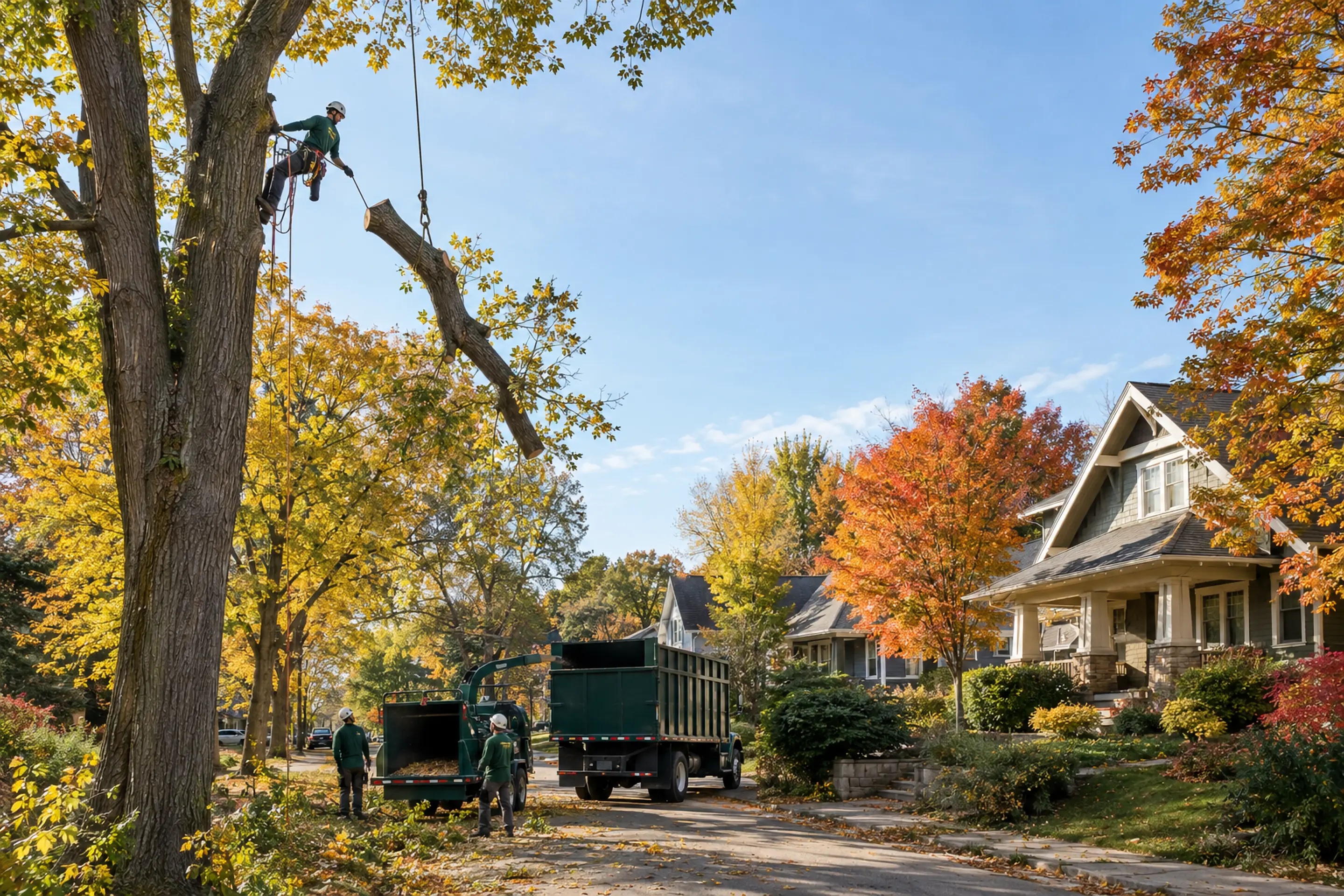 Northwood climber roping a maple limb above a residential street in autumn