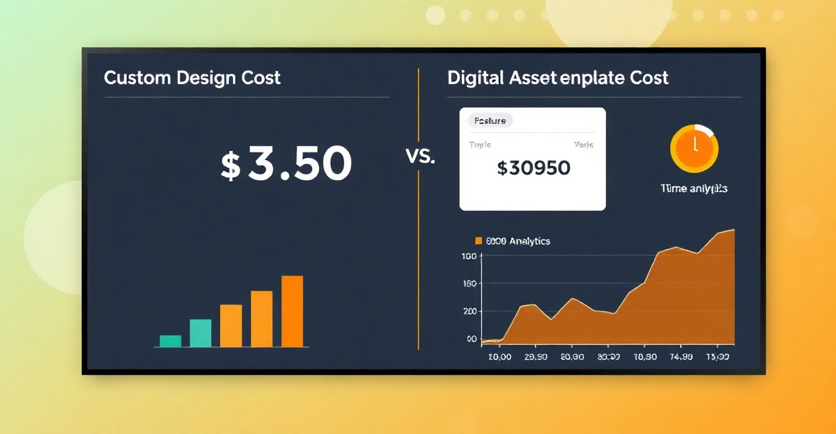 Split screen comparison showing custom design cost vs digital asset templates