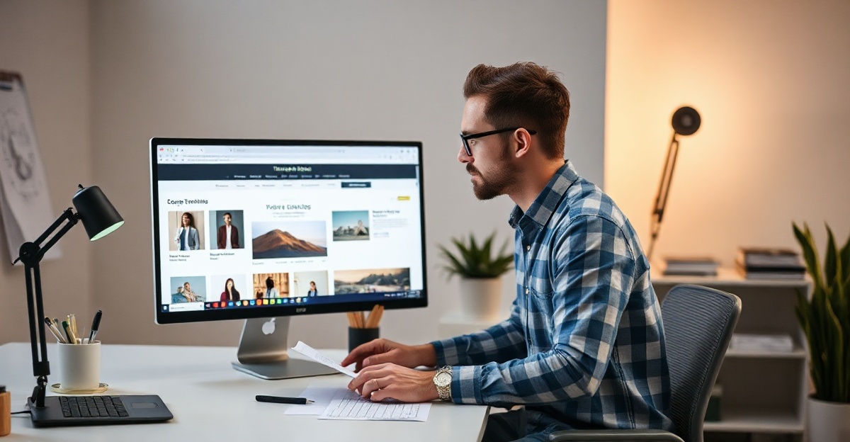 Professional designer studying template options on modern workspace