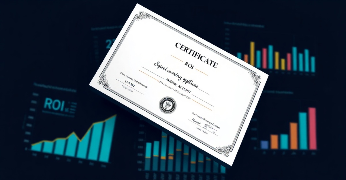 Digital certificate with ROI analytics dashboard overlaid