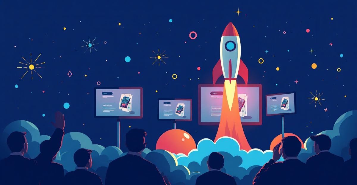 Product launch celebration scene with rocket ship taking off