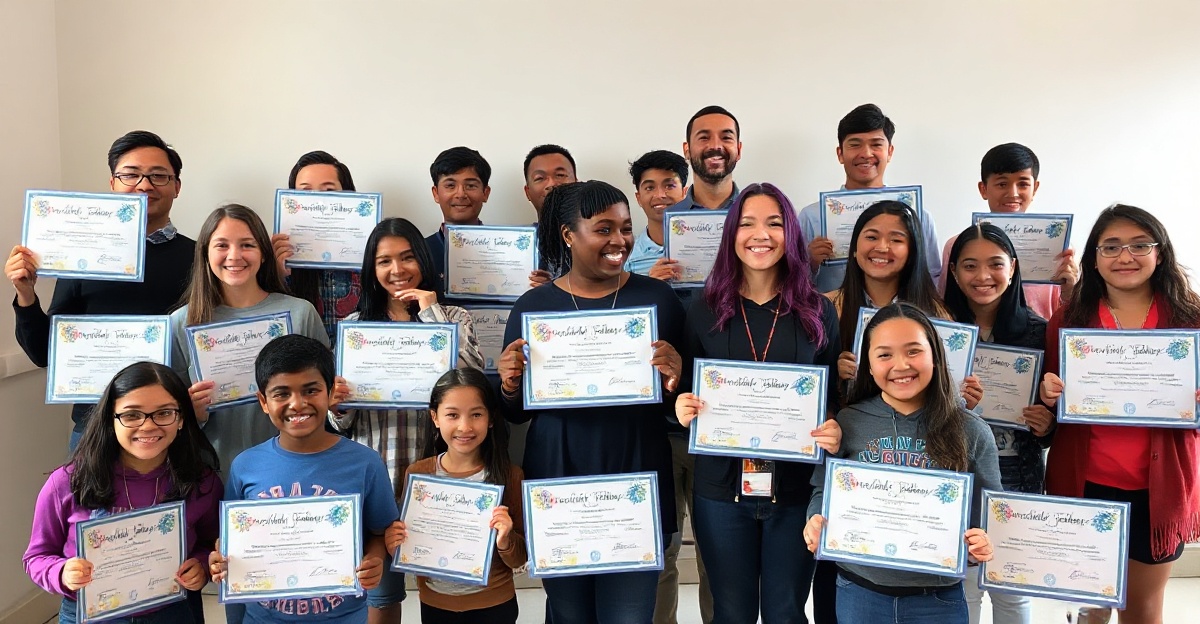 Multiple students receiving digital certificates with achievement badges