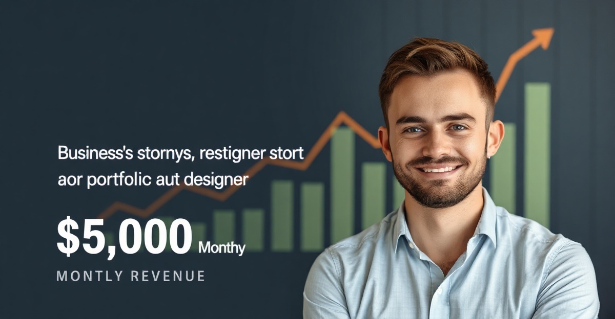 Success story portrait of designer with portfolio showcase