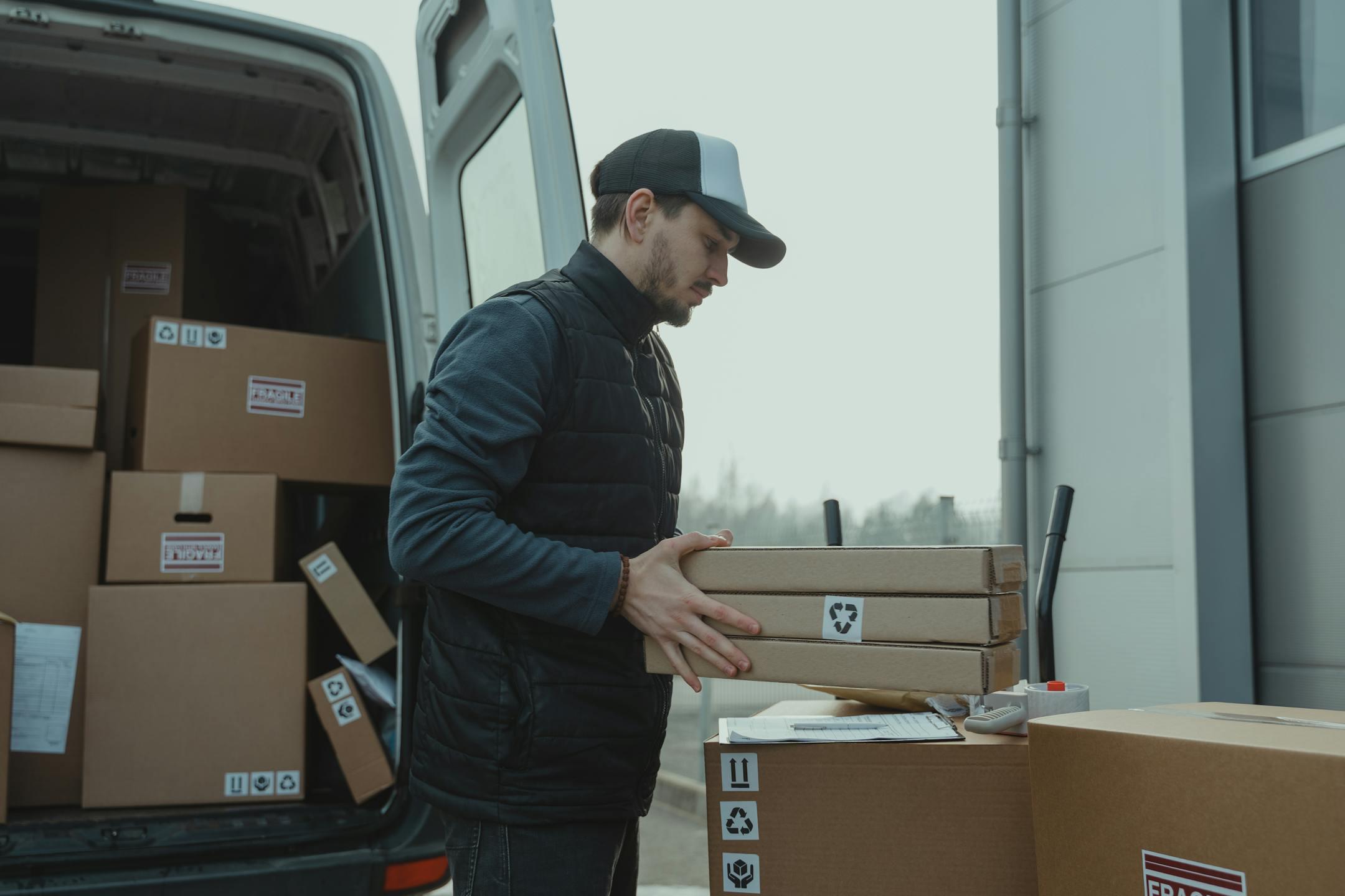 Delivery driver handling cardboard boxes during shipping at a commercial building.