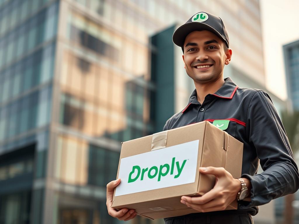 Create a realistic high-resolution photo showcasing a delivery professional standing in front of a modern office building in Dubai, holding a package labeled with a pet food delivery logo. The delivery person, dressed in a smart uniform, displays a friendly and approachable expression. Focus on a close-up shot, capturing the professional from the waist up, with the building’s sleek architecture in the background, emphasizing Dubai's urban landscape. The colors should be vibrant, incorporating the lively gre