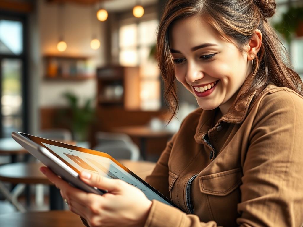 A close up shot of a user smiling while browsing