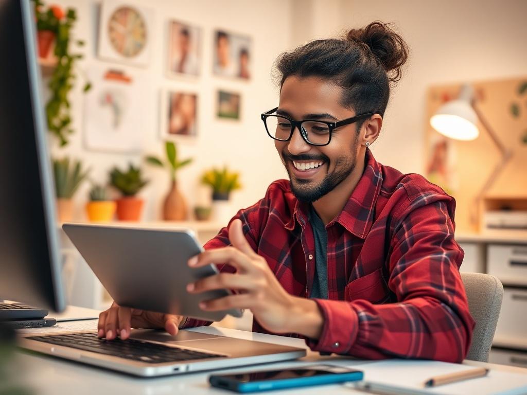 A close up of a person happily exploring new features