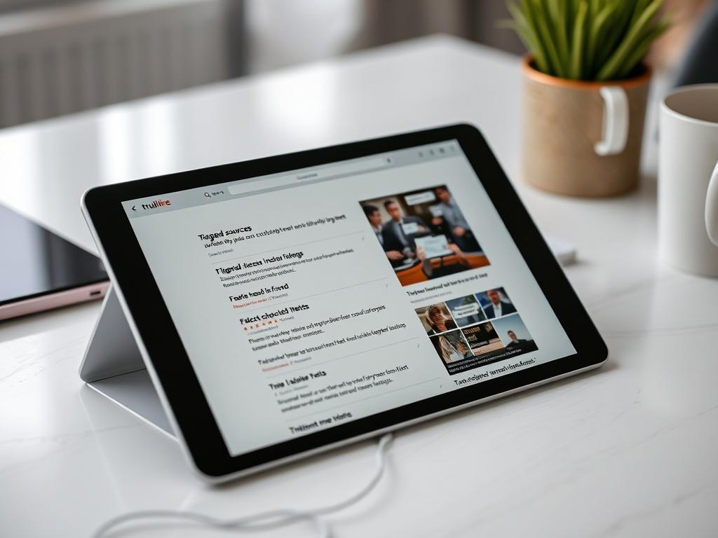 A close-up shot of a tablet displaying the Trulie browser extension showing an array of flagged sources and fact-checked alternatives. The tablet should be the main subject, set on a stylish workspace with soft, diffused lighting. The color scheme should align with rgb(29, 198, 181) to create a visually appealing scene.