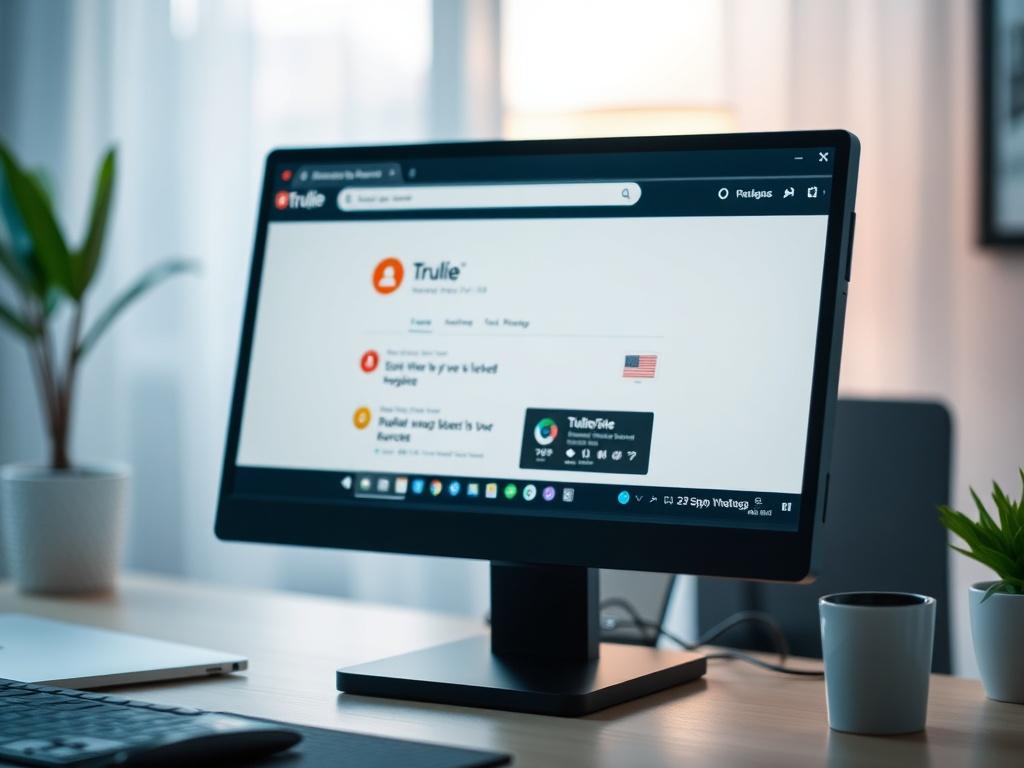 A close-up shot of a computer screen displaying the Trulie browser extension in use, with visible flags on questionable sources in a web browser. The screen should be the only subject in the image, with a soft-focused background that suggests a home office environment. The colors should harmonize with the primary color rgb(29, 198, 181), creating a modern and inviting atmosphere.