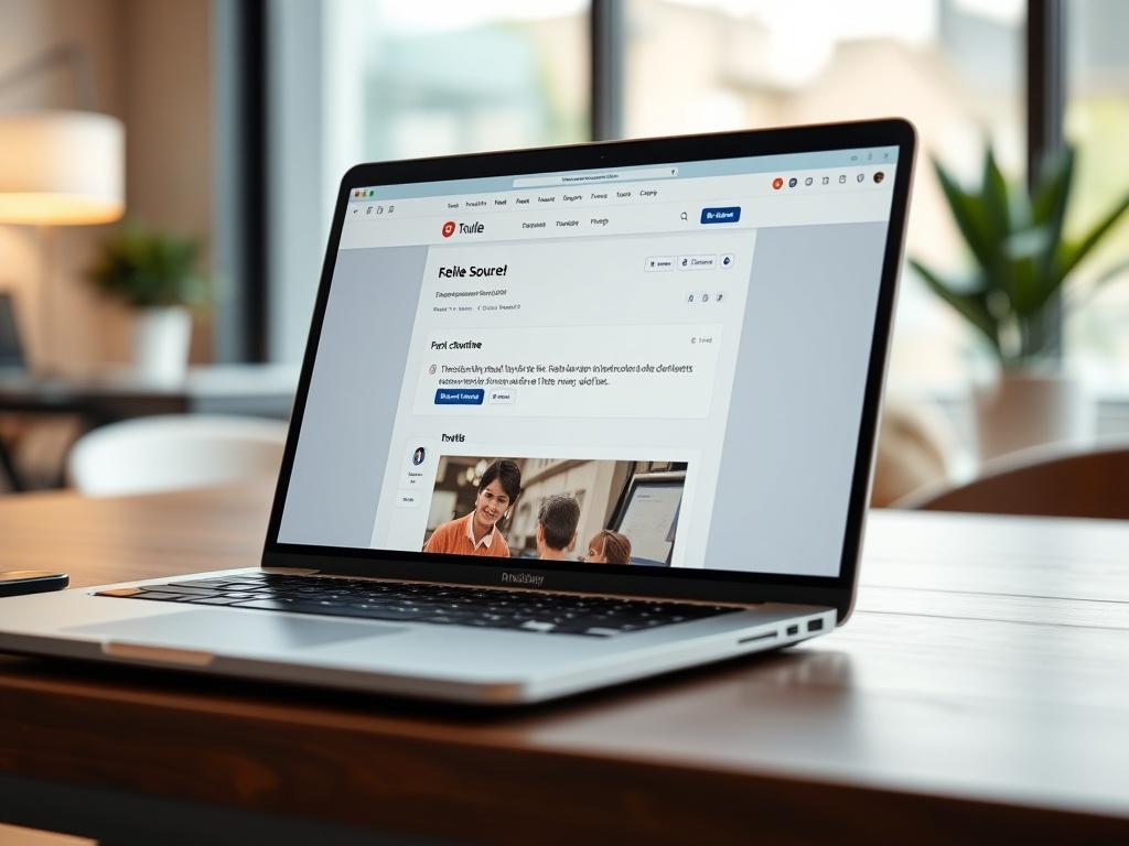 A close-up shot of a laptop screen displaying the Trulie browser extension interface. The screen shows a flagged source with a clear fact-checked alternative beside it. The background is a modern workspace with soft lighting and a hint of greenery, creating an inviting atmosphere.