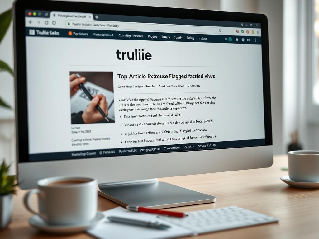 A close-up shot of a desktop computer displaying the Trulie browser extension in action, highlighting a flagged news article with several fact-checked alternatives. The background features a clean desk with a notepad and a cup of coffee, enhancing the professional vibe.