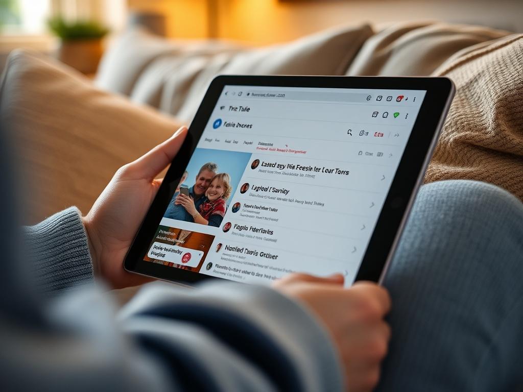 A close-up shot of a tablet showing the Trulie browser extension with multiple flagged sources and their fact-checked alternatives. The setting is a cozy living room with soft cushions and warm lighting, creating a family-friendly atmosphere.