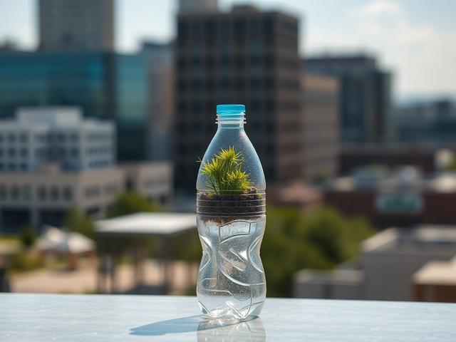 **AI Image Generation Prompt:**

Create a realistic high-resolution photo that captures the essence of recycled plastic's environmental benefits in the Fox Valley. Focus on a single plastic item, such as a clear, reused plastic bottle, prominently placed in the foreground. The bottle should be filled with greenery—such as small plants or succulents—symbolizing renewal and sustainability. In the background, include a blurred cityscape of the Fox Valley, featuring recognizable buildings or parks, subtly empha