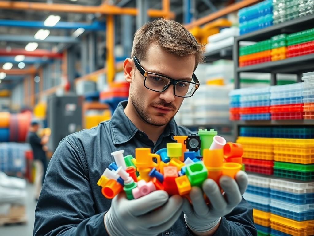**AI Image Generation Prompt:**

Create a highly realistic high-resolution photo that captures a professional working in a plastics manufacturing facility in Wisconsin. The subject should be a focused and skilled technician inspecting a variety of plastic components, with an emphasis on quality and precision. Use a close-up shot with a 45mm f/1.2 lens for a sharp focus on the technician and the colorful, well-crafted plastic parts they are holding. 

The technician, wearing safety gear such as gloves and go