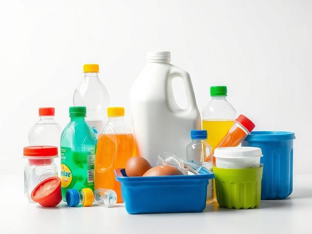 Create a realistic, high-resolution photo that visually represents the blog titled "What Can Be Recycled? A Guide to Common Plastics." The composition should feature a single subject: an assortment of common recyclable plastic materials laid out on a clean, white background. 

The focus should particularly highlight three types of plastics: PET (Polyethylene Terephthalate), HDPE (High-Density Polyethylene), and polypropylene. Display a variety of containers and products made from these plastics, such as a c