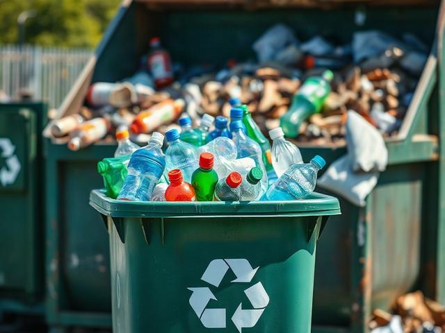 Generate a realistic high-resolution photo depicting a professional recycling collection service in action. The composition should center around a single, well-organized recycling bin filled with various types of recyclable plastics: bottles, containers, and bags. The bin should be clearly branded with recycling symbols to emphasize its environmental purpose. 

In the background, showcase a contrast with traditional waste disposal by including a dumpster filled with non-recyclable waste, such as mixed garba