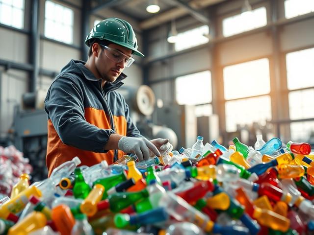 Create a realistic high-resolution photo that visually represents the theme of how plastic recycling companies assist manufacturers in reducing costs. The focal point of the image should be a single, well-organized plastic recycling facility, featuring a pile of vibrant, sorted plastic materials like PET bottles and containers, ready for processing. Capture a worker in safety gear (gloves, goggles, helmet) actively sorting through the plastics, exhibiting a sense of diligence and care.

The background shoul