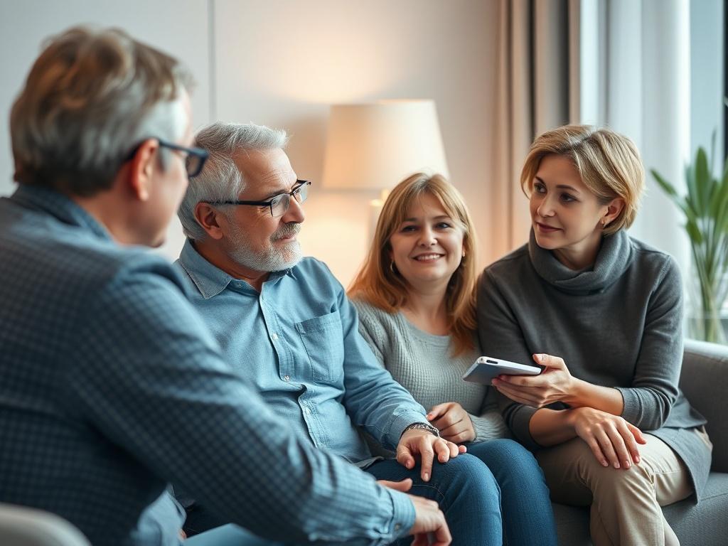 A close-up shot of a couple sitting together with a therapist, sharing their thoughts and feelings in a supportive environment. The therapist listens attentively, with a warm and inviting background, shot with a 45mm f/1.2 lens.