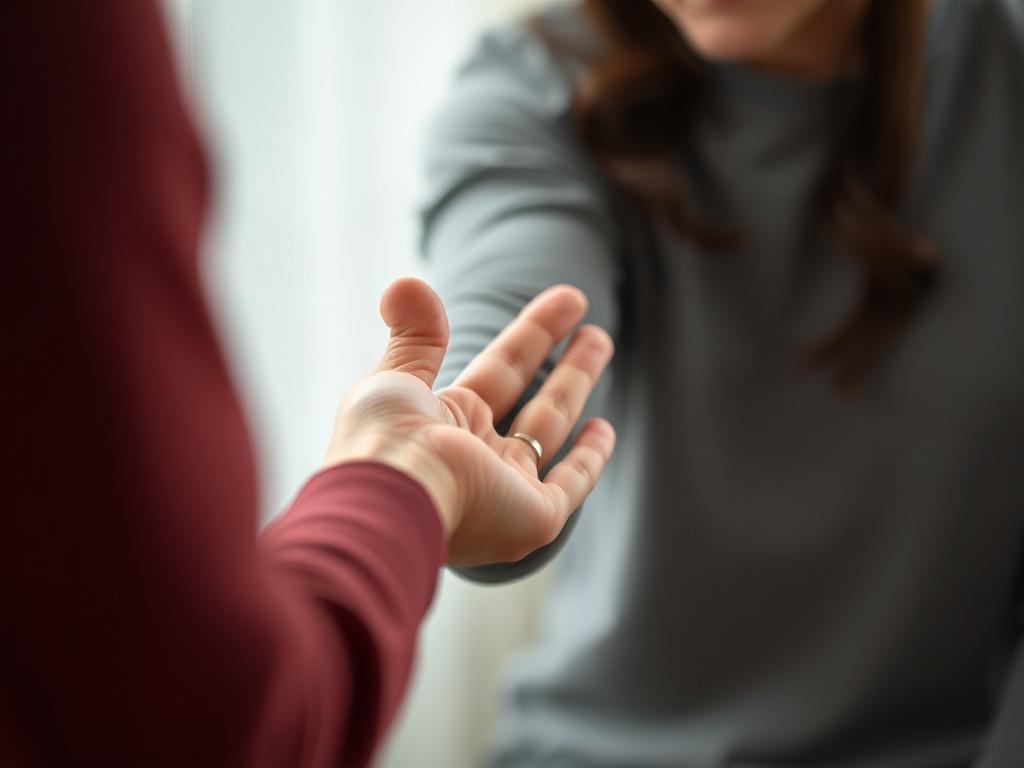 A close-up shot of a nurturing therapist's hand reaching out to a distressed individual, conveying comfort and support. The background is softly blurred, focusing on the connection between the two subjects, shot with a 45mm f/1.2 lens.