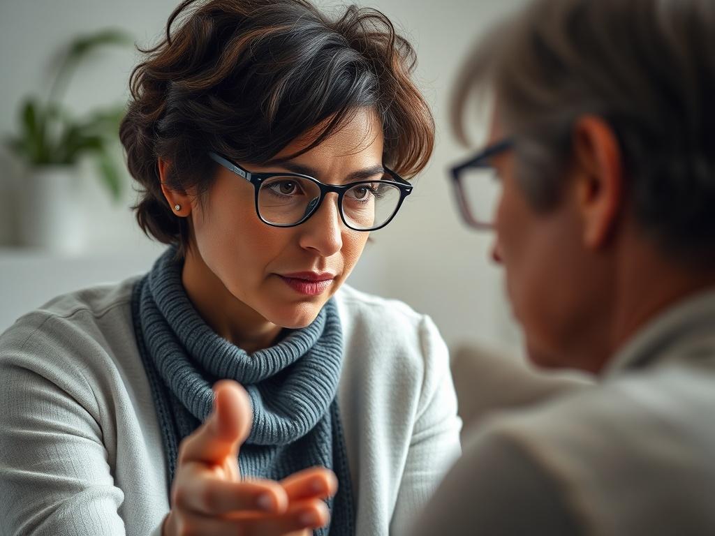 A close-up shot of a therapist guiding a client through EMDR therapy, visually depicting the therapist's focused expression and the client's engaged demeanor. The background is softly blurred to emphasize the therapeutic interaction, shot with a 45mm f/1.2 lens.