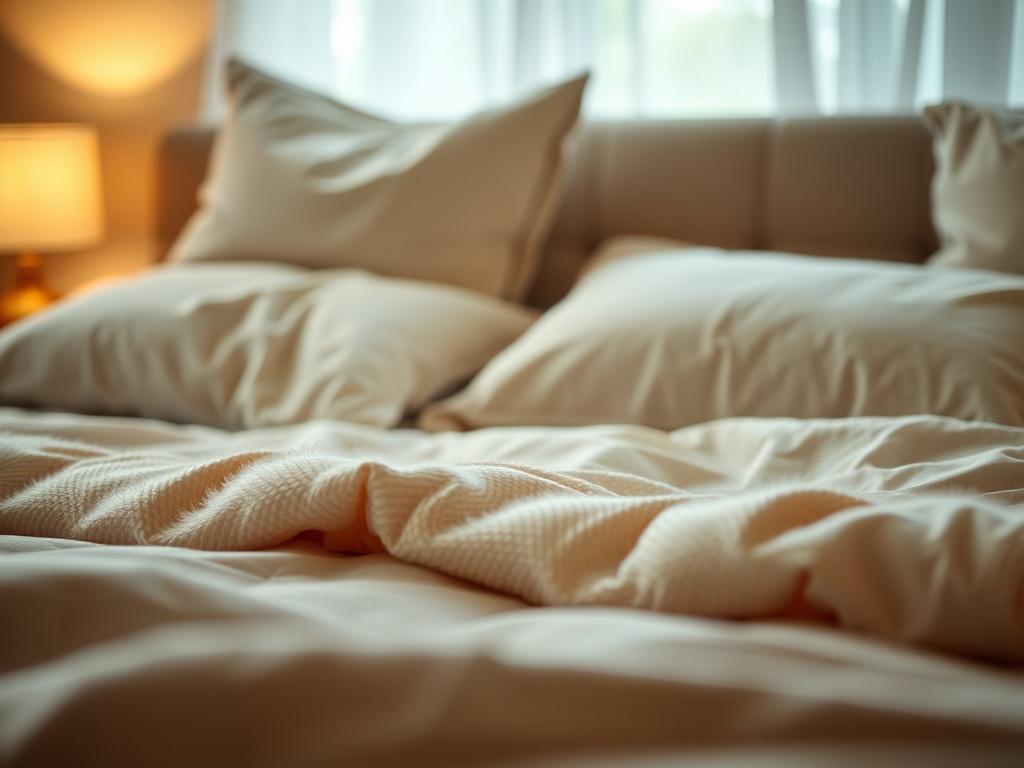 A calming, intimate setting featuring a plush bed with soft pillows and serene lighting. The focus is on a comfortable arrangement that suggests a safe space for discussing sexual health and intimacy.
