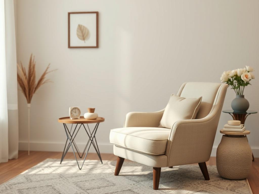 A serene, calming therapy room with soft lighting, a comfortable armchair, and a small table with soothing decor. The focus is on the armchair, inviting and cozy, set against a neutral background that conveys a sense of safety and warmth.