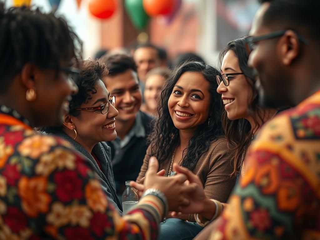 A vibrant community gathering featuring diverse individuals sharing their experiences in a supportive environment. The focus is on interaction and connection, surrounded by an atmosphere of acceptance and openness.