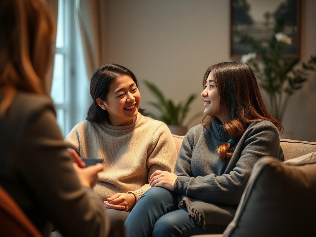 A couple sitting together in a warm, inviting therapy room, engaged in a conversation with a therapist. The focus is on their expressions of openness and understanding, surrounded by a calming environment with comfortable seating and soft lighting.