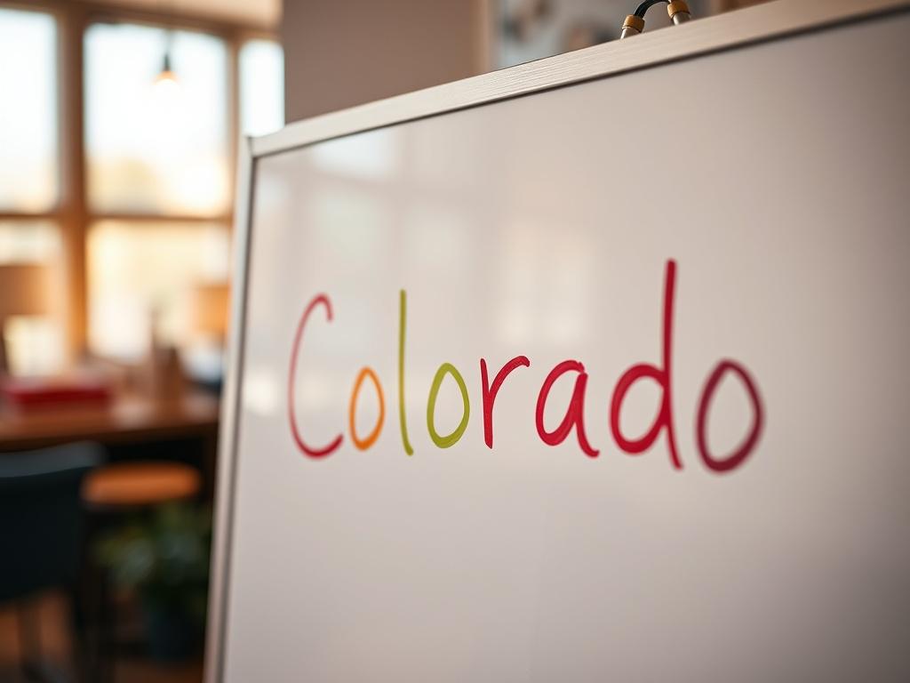 A realistic high-resolution close-up shot of a whiteboard featuring the word 'Colorado' written in bold, colorful letters. The background is softly blurred to emphasize the whiteboard and its message. The scene is warmly lit to create an inviting atmosphere, highlighting the creativity and inspiration associated with the word. The focus should be on the whiteboard, capturing the details of the writing and the texture of the board.