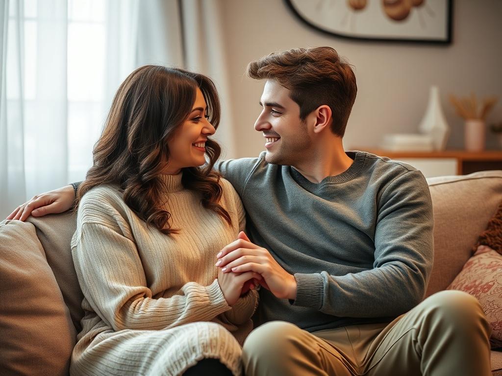 A couple sitting closely together on a couch, engaged in a heartfelt conversation. They express warmth and connection, with their hands gently touching, surrounded by a cozy and inviting atmosphere that enhances the feeling of intimacy.