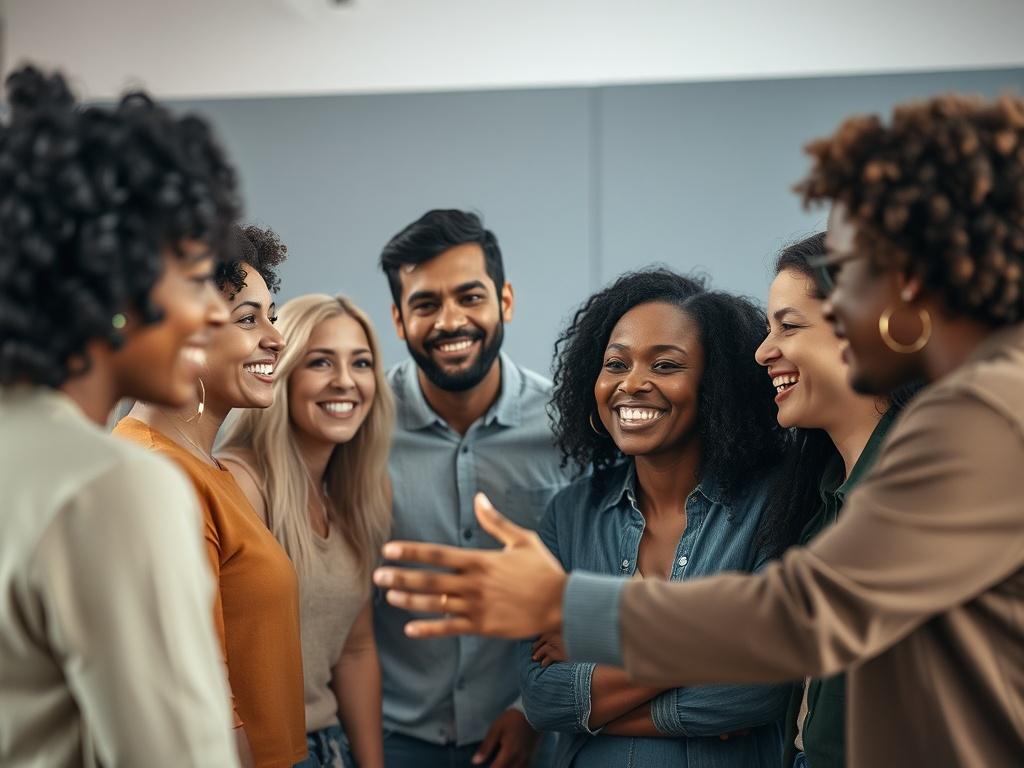 A diverse group of individuals gathered in a supportive circle, smiling and engaging in open conversation. The setting conveys inclusivity and acceptance, highlighting the importance of community support and understanding for diverse relationships.