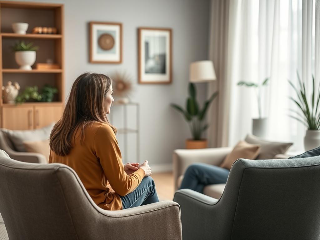 A serene therapy room with comfortable seating, soft lighting, and calming decor, featuring a single therapist engaged in a compassionate conversation with a client. The focus is on the connection between the two individuals, highlighting a sense of safety and openness in the healing process.