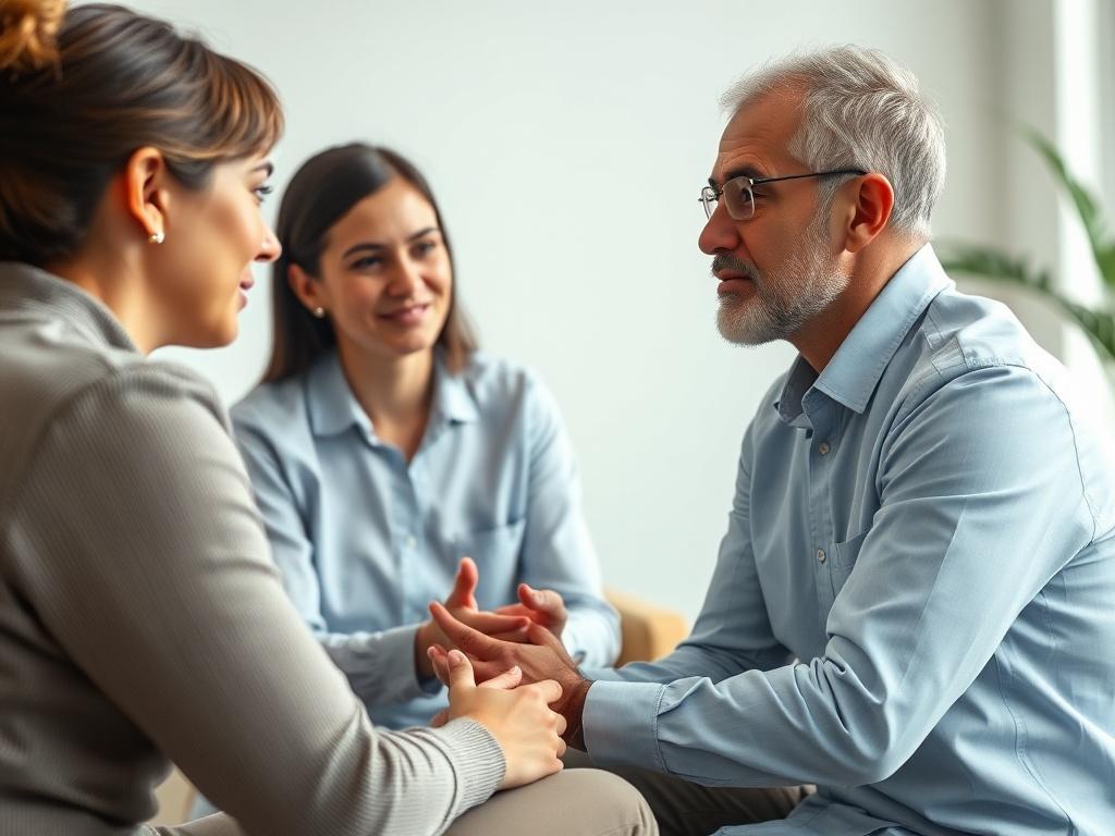 An image of a therapist engaging in a session with a couple, showcasing attentive listening and empathy. The background should depict a peaceful office setting, enhancing the feeling of connection and understanding.